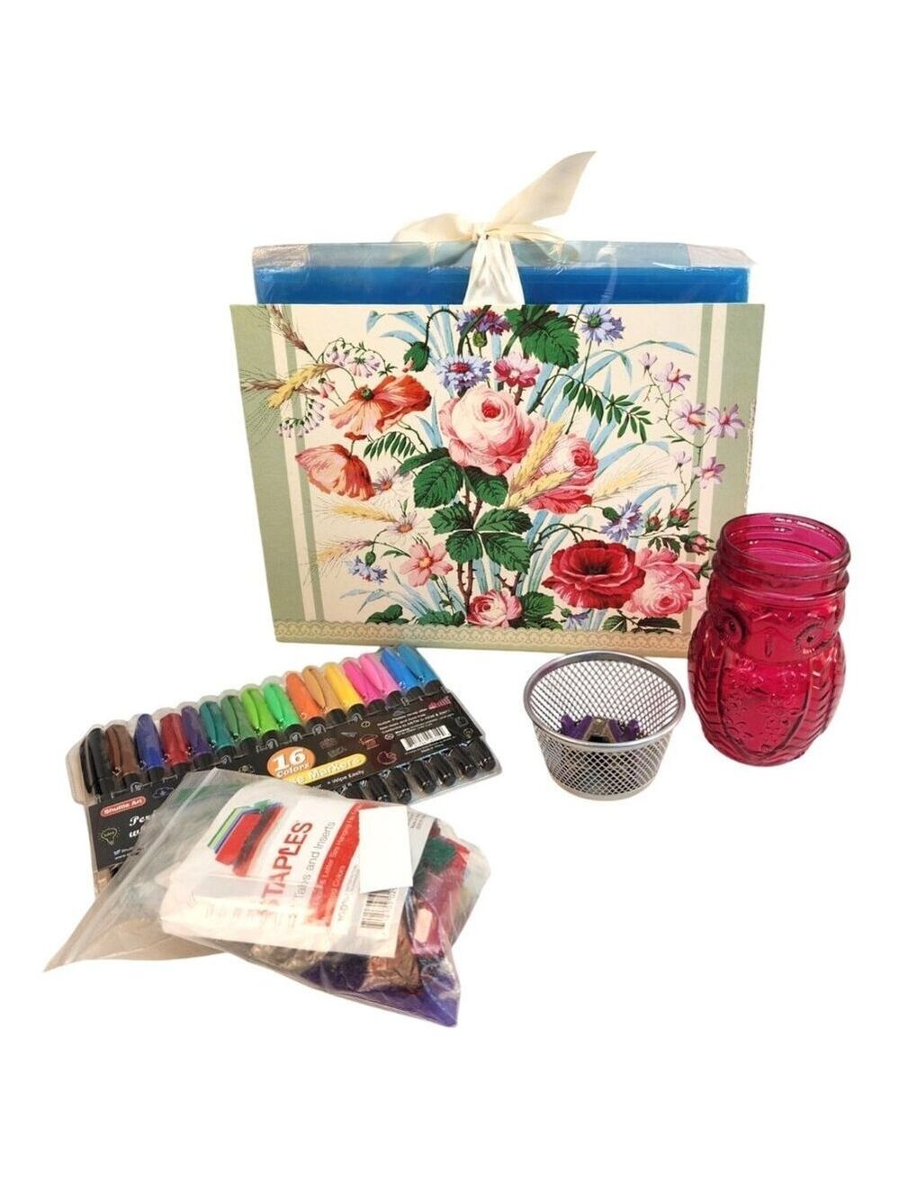 Lot of Office Supplies Dry Erase Markers File Folders Glass Owl Jar Push Pins Ba
